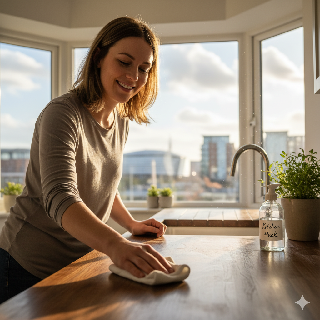 Woman wiping kitchen counter in Cardiff home — simple house cleaning hack.